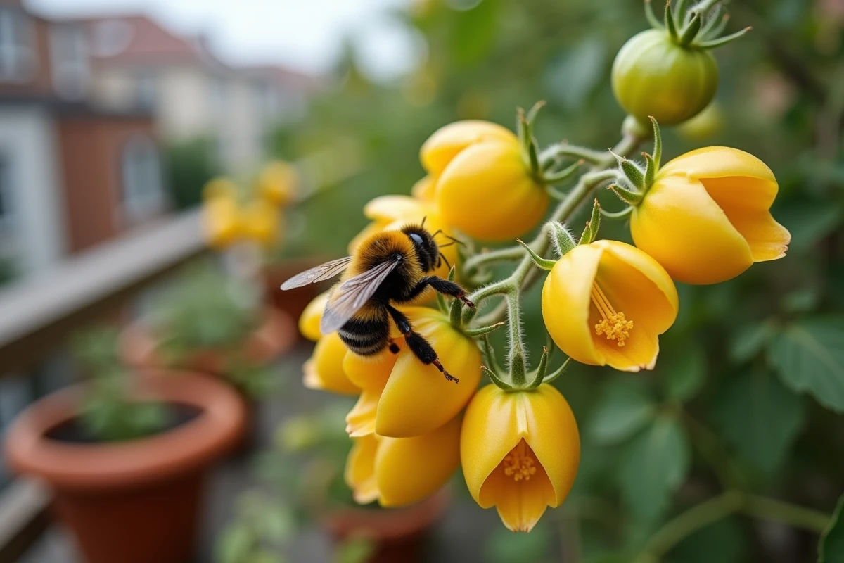 Gros plan d'une abeille sauvage pollinisant des fleurs de tomates jaunes sur un balcon urbain