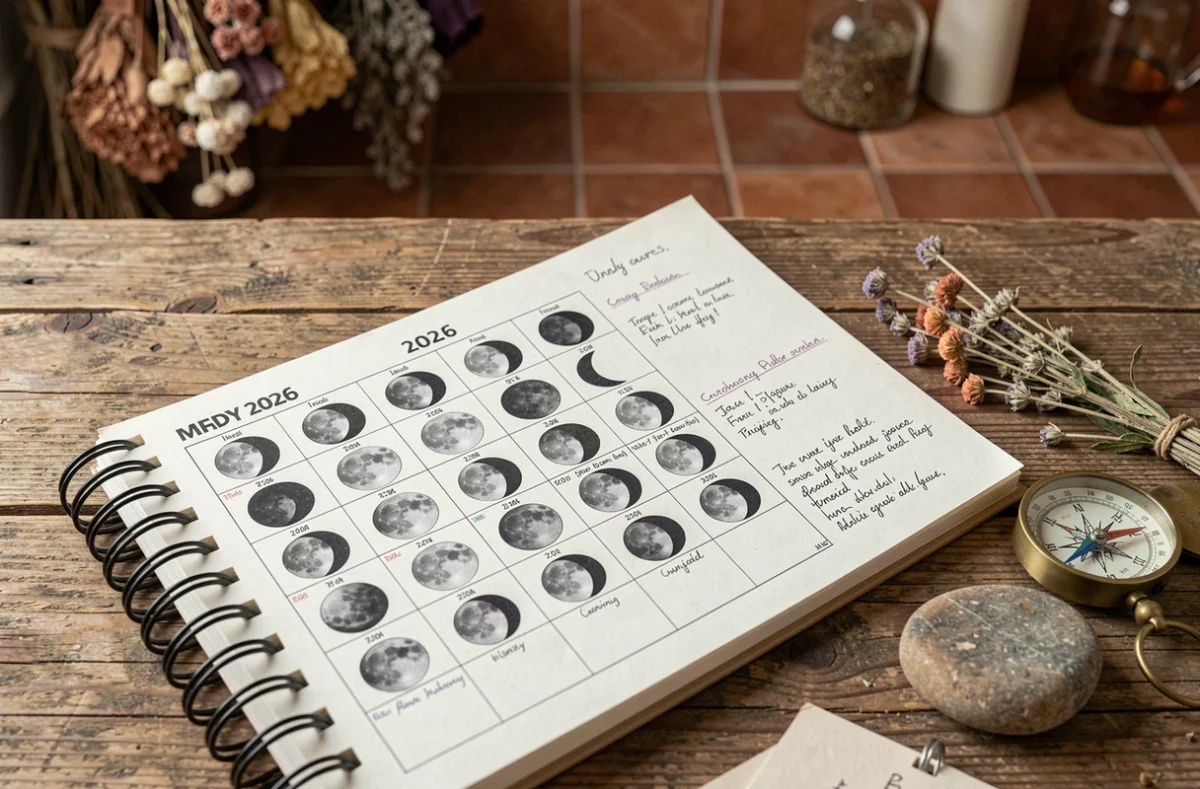 Agenda spiralé ouvert sur un tableau synthétique des phases lunaires 2026, posé sur une table en chêne avec des herbes séchées et une boussole
