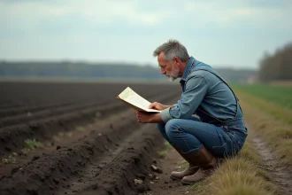 Agriculteur examinant une carte de mesure d'un hectare de champ cultivé en France