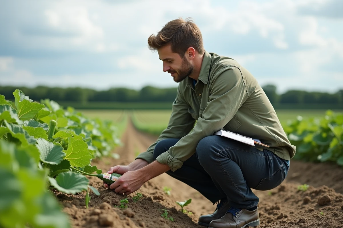 Agronome étiquetant une fleur femelle de cucurbitacée dans un champ expérimental lors d'une étude de pollinisation