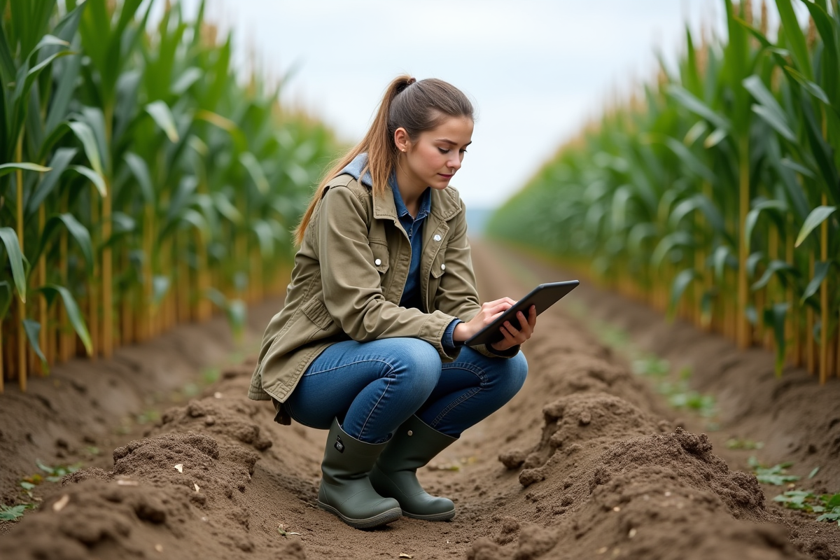 Jeune agronome utilisant une tablette dans un champ cultivé