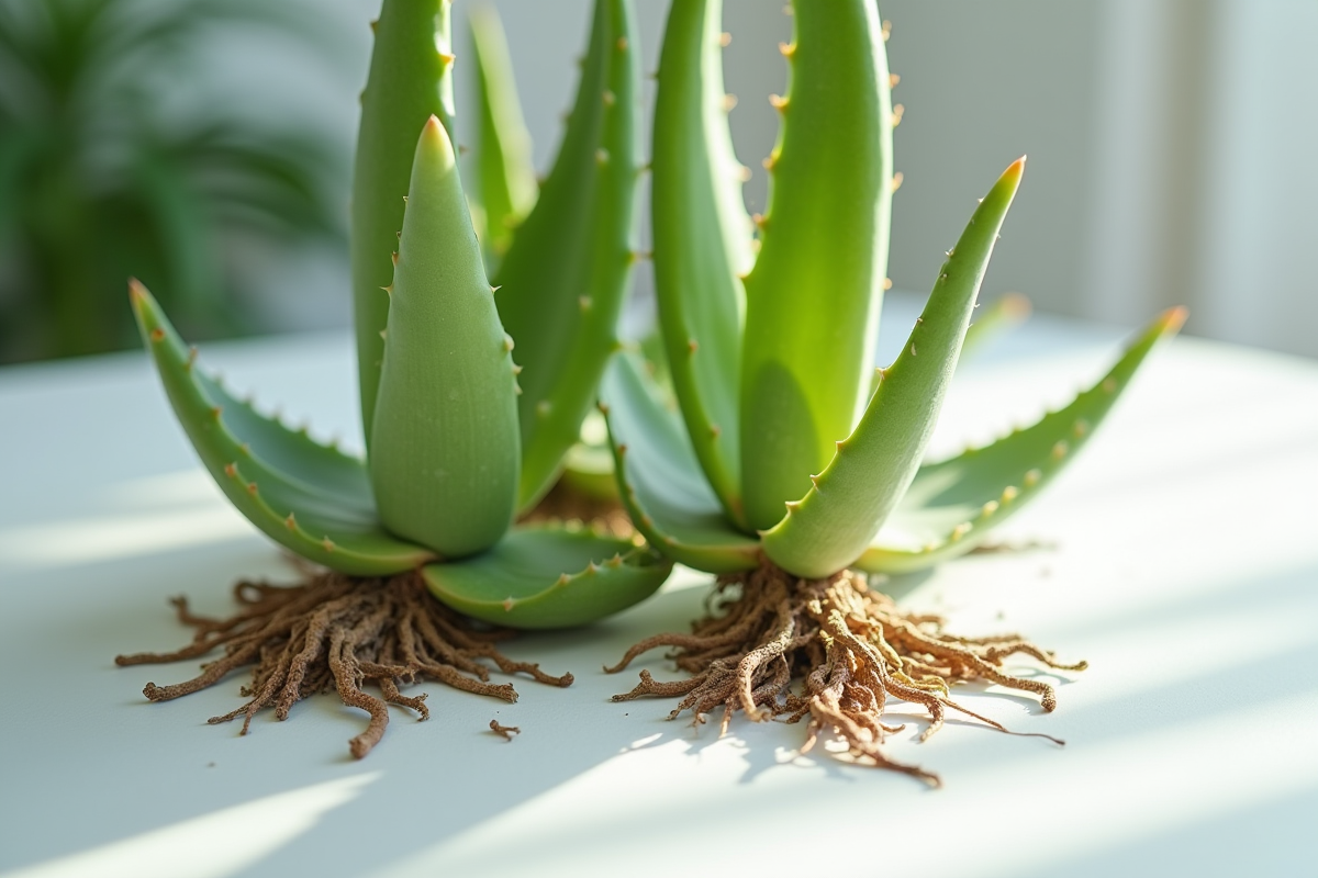 Plusieurs aloe vera avec racines endommagees sur une table blanche