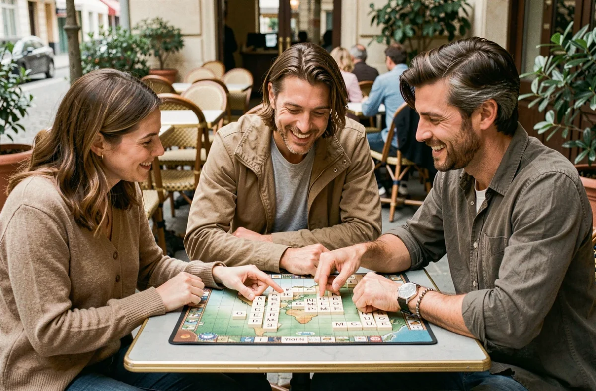Groupe d'amis jouant à un jeu de lettres type Scrabble en terrasse de café