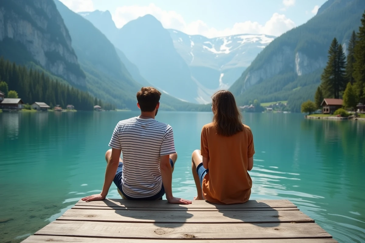 Deux amis assis sur un ponton en bois face au lac d'Annecy avec vue sur les montagnes alpines