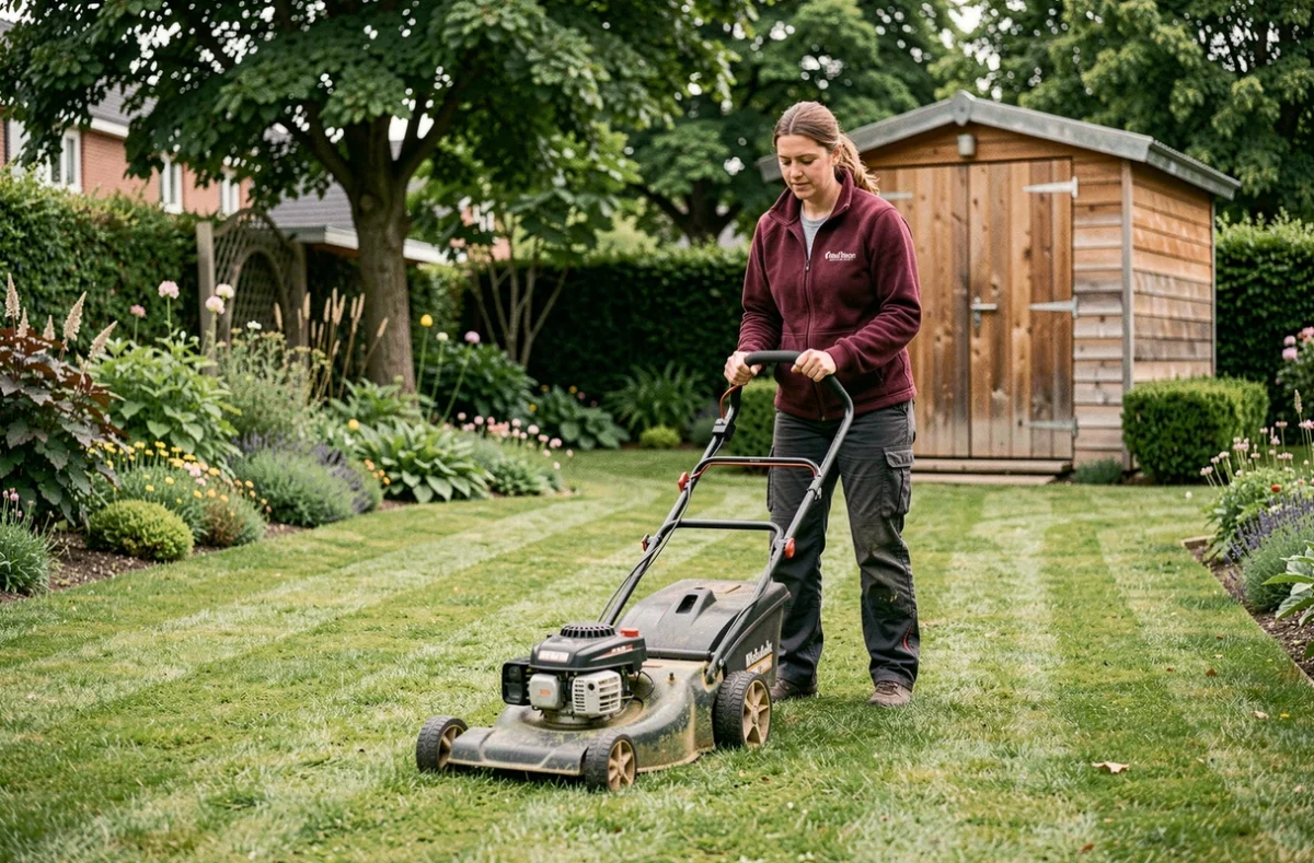 Jardinière d'Apef Services Bois-Colombes tondant une pelouse dans un jardin résidentiel
