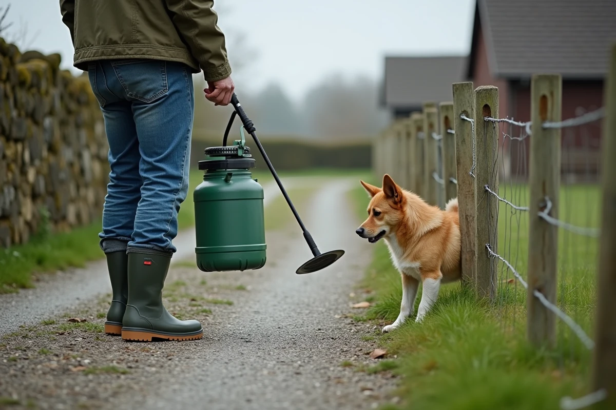 Homme appliquant un désherbant sur une allée en gravier pendant que son chien attend derrière une clôture à distance sécurisée