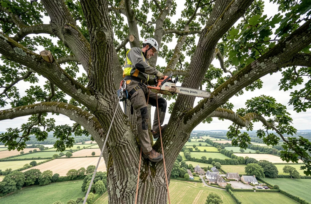 Arboriste d'Arbor'Essence en action dans la couronne d'un vieux chêne avec harnais de sécurité en paysage breton