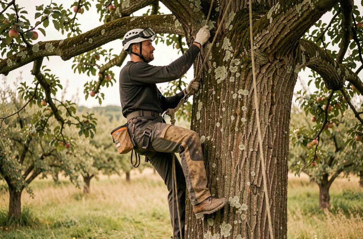 Arboriste grimpeur Yann Coulange d'Arboribus descendant en rappel le long d'un grand chêne dans un verger normand