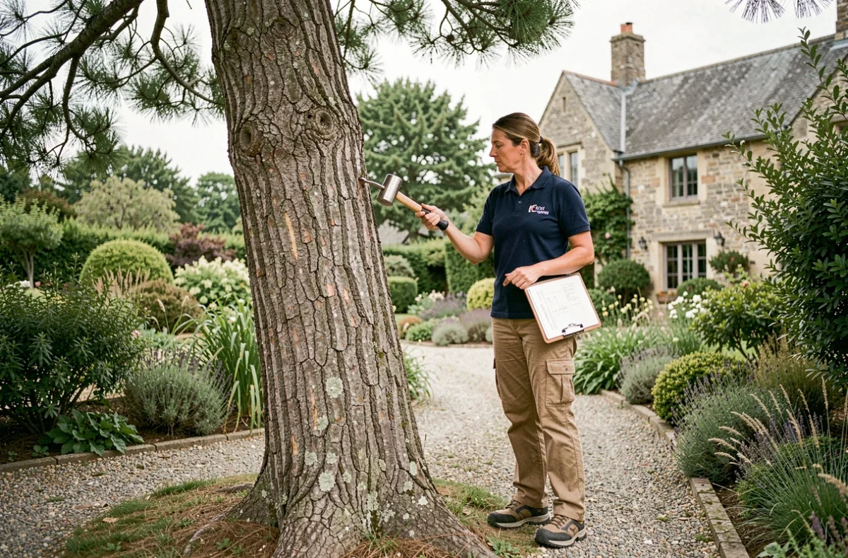 Arboriste certifiée évaluant la santé d'un pin penché dans un jardin de campagne français avec un maillet de diagnostic