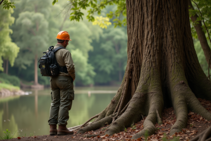 Homme arboriste près d’un eucalyptus massif en forêt