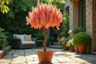 Arbre à crevette taillé sur tige en pot de terracotta avec port en boule sur terrasse de jardin