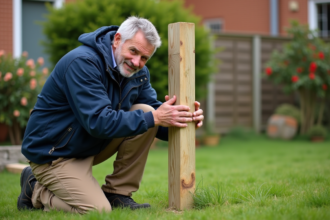 Artisan mesurant un poteau en bois dans un jardin résidentiel