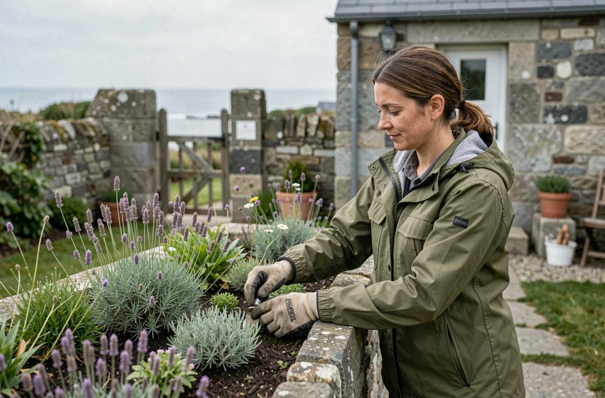 Jardinière d'Aux Jardins d'Iroise installant des plantes côtières dans un muret en pierre près du Finistère