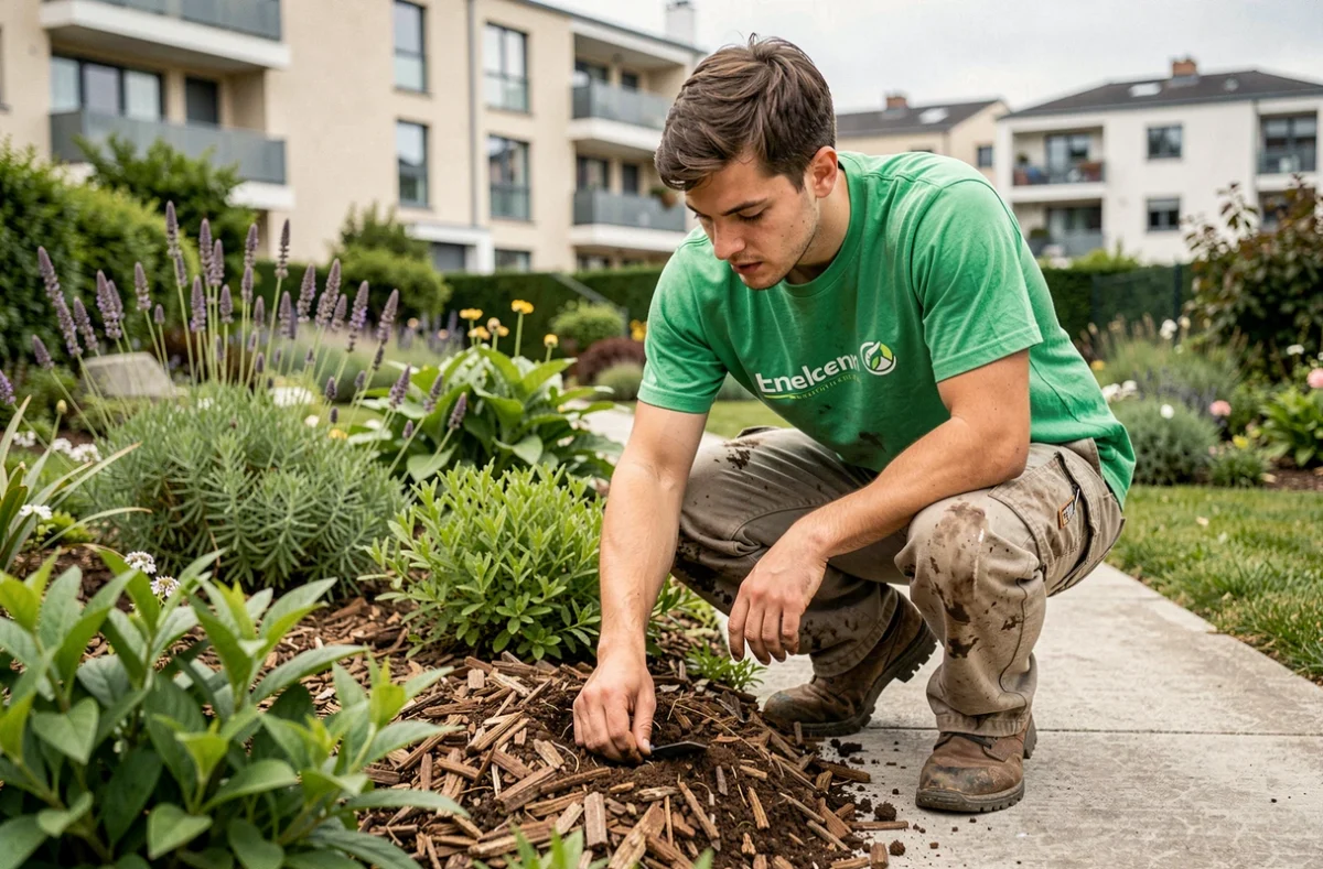 Jardinier d'Azaé Nanterre en train de pailler un massif de fleurs dans un jardin résidentiel