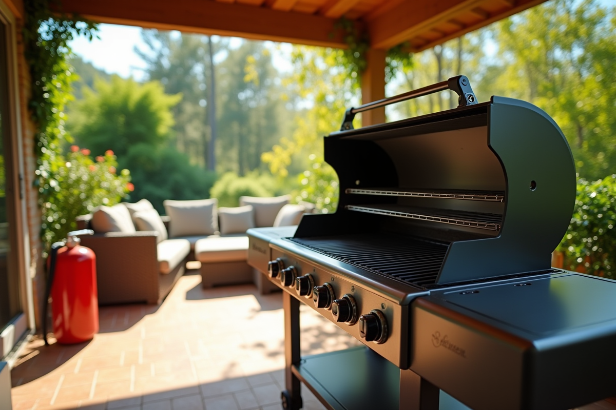 Gros plan sur barbecue sous terrasse avec extincteur à côté
