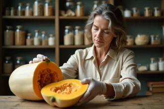 Botaniste analysant une coupe transversale de courge butternut sur une table en bois dans un laboratoire universitaire
