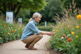 Femme botaniste examinant une plante rare dans un jardin