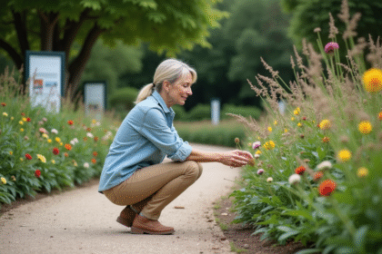 Femme botaniste examinant une plante rare dans un jardin