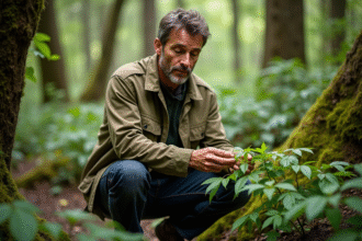 Botaniste homme examinant des feuilles vertes dans la forêt