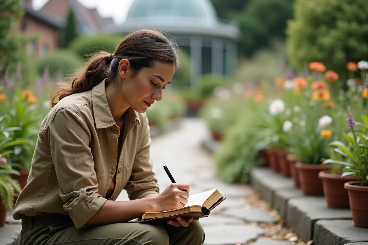 Femme botaniste prenant des notes dans un jardin botanique
