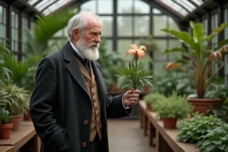 Vieux botaniste examinant une fleur rare dans un serre victorien