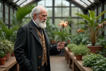 Vieux botaniste examinant une fleur rare dans un serre victorien