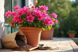 Bougainvillier en pot sur terrasse méditerranéenne avec un sac de terreau bien drainant et des outils de jardinage