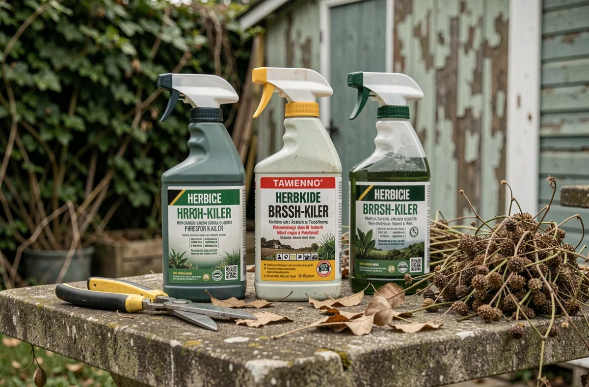 Bouteilles de débroussaillants dont un interdit par la réglementation 2026 sur une table de jardin