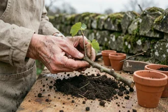 Bouturage de vigne vierge au printemps : mains de jardinière tenant une bouture de Parthenocissus avec nœuds visibles sur un établi de jardin