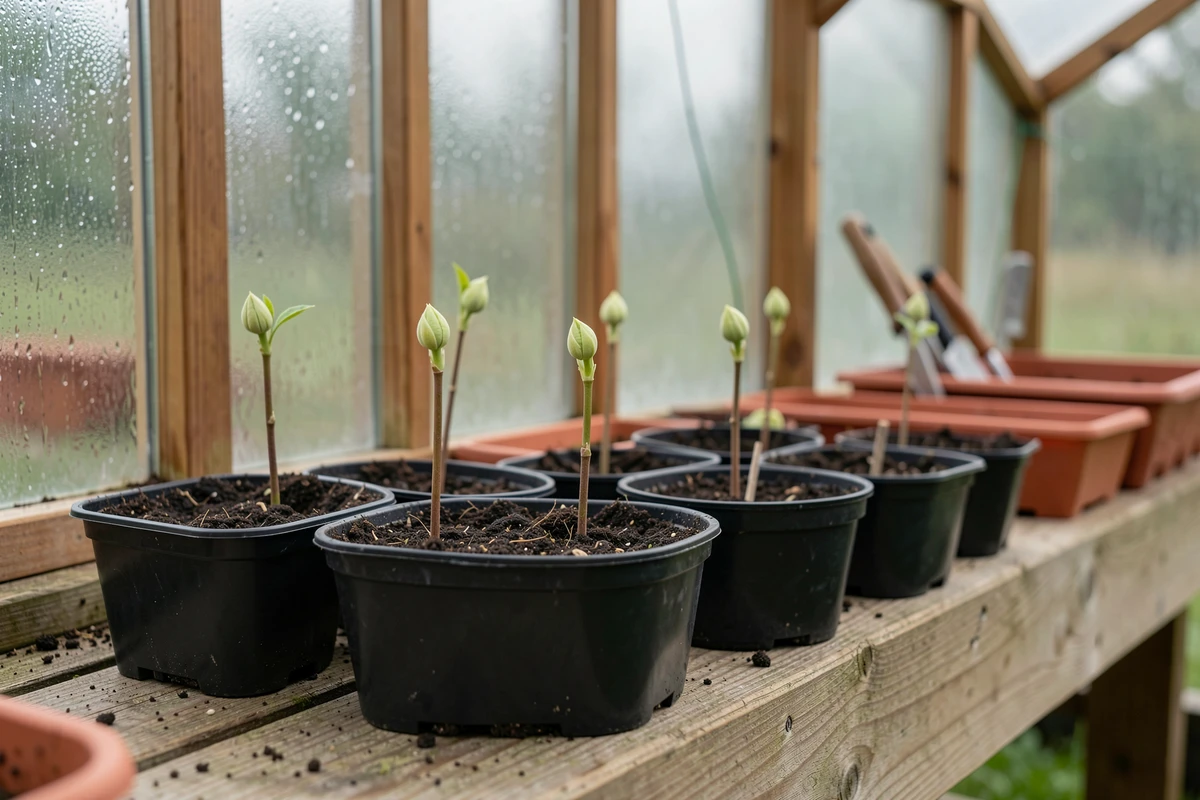 Boutures de vigne vierge en petits pots dans une serre de jardin au printemps avec bourgeons naissants visibles