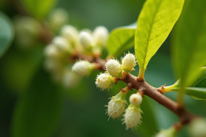 Gros plan d'une branche de citronnier avec cochenilles blanches