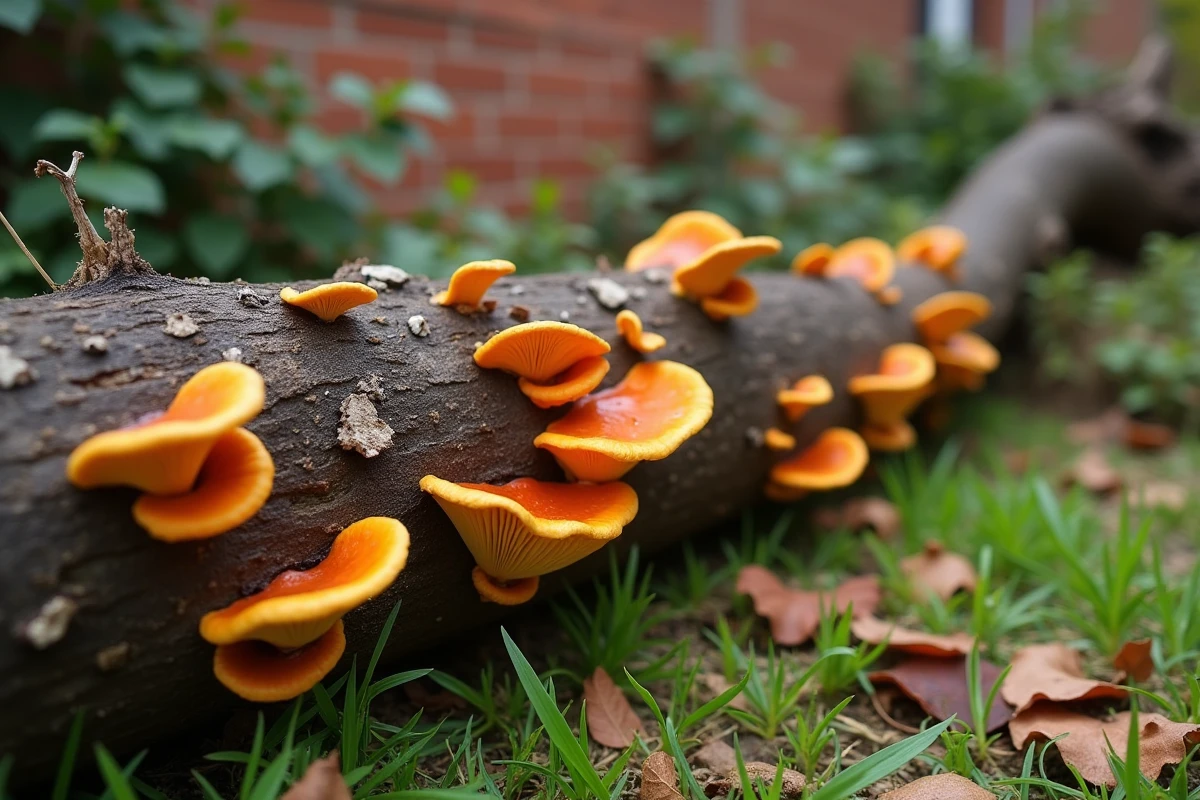 Vue d'ensemble d'une branche morte au sol couverte de champignons orange à différents stades de croissance dans un jardin