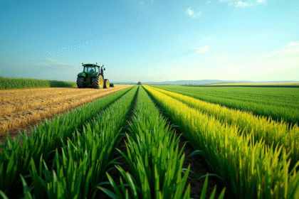 Champ cultivé divisé en sections avec différentes plantes sous un ciel bleu