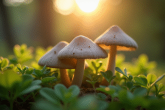 Champignons chanterelles vertes dans un jardin au lever du soleil