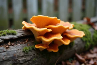 Champignons orange en forme d'étagère poussant sur une souche en décomposition dans un jardin résidentiel