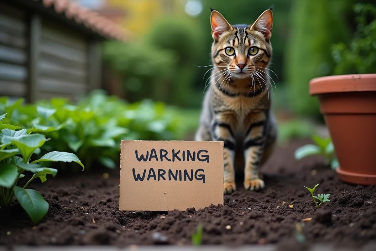 Chat tigré s'approchant d'un panneau d'avertissement planté dans une parcelle de jardin traitée au désherbant