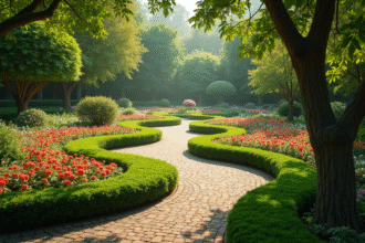 Sentier de jardin avec fleurs en S et verdure lumineuse
