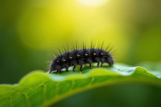 Chenille noire sur feuille verte en jardin ensoleille