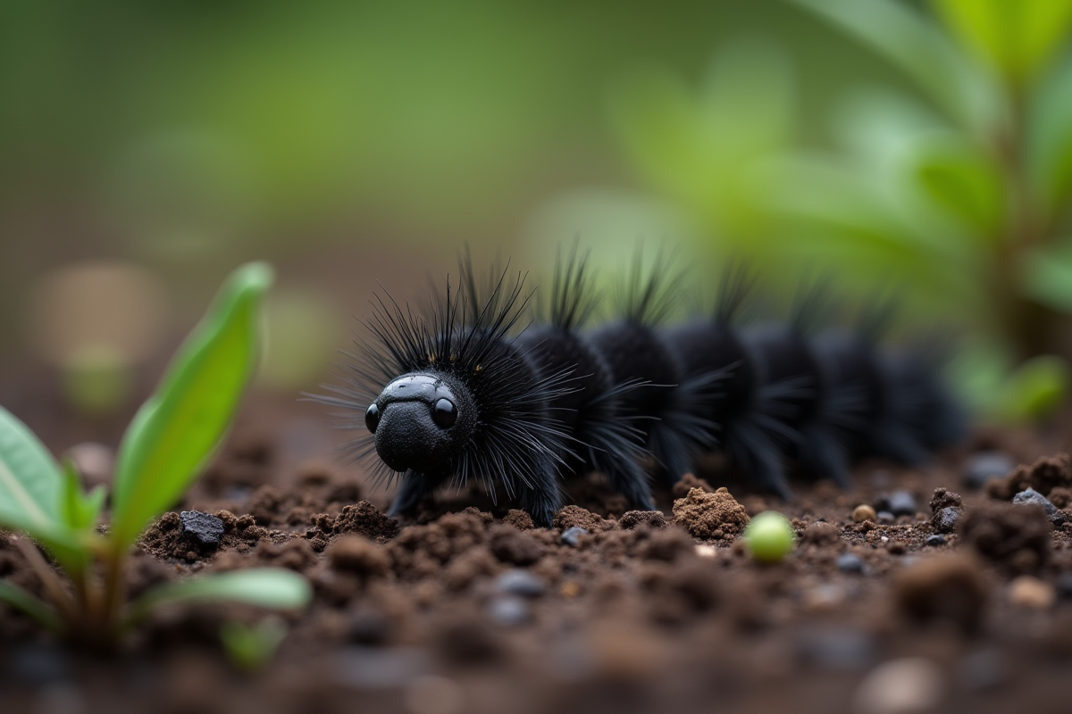Chenille noire sur sol humide parmi petites plantes
