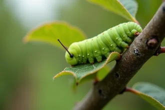 Petite chenille verte sur une branche de pommier avec des feuilles grignotées dans un verger