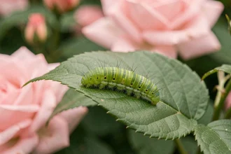 Petite chenille verte sur une feuille de rosier avec des détails macro réalistes
