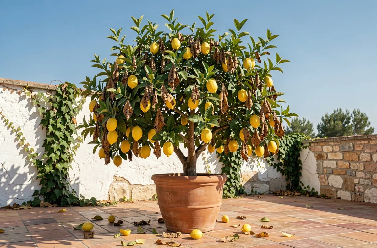 Citronnier en pot sur terrasse méditerranéenne avec feuillage atteint de taches marron et feuilles jaunies