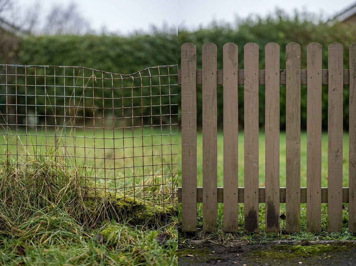 Comparaison entre une clôture en grillage bon marché rouillée et une clôture en bois solide dans un jardin résidentiel