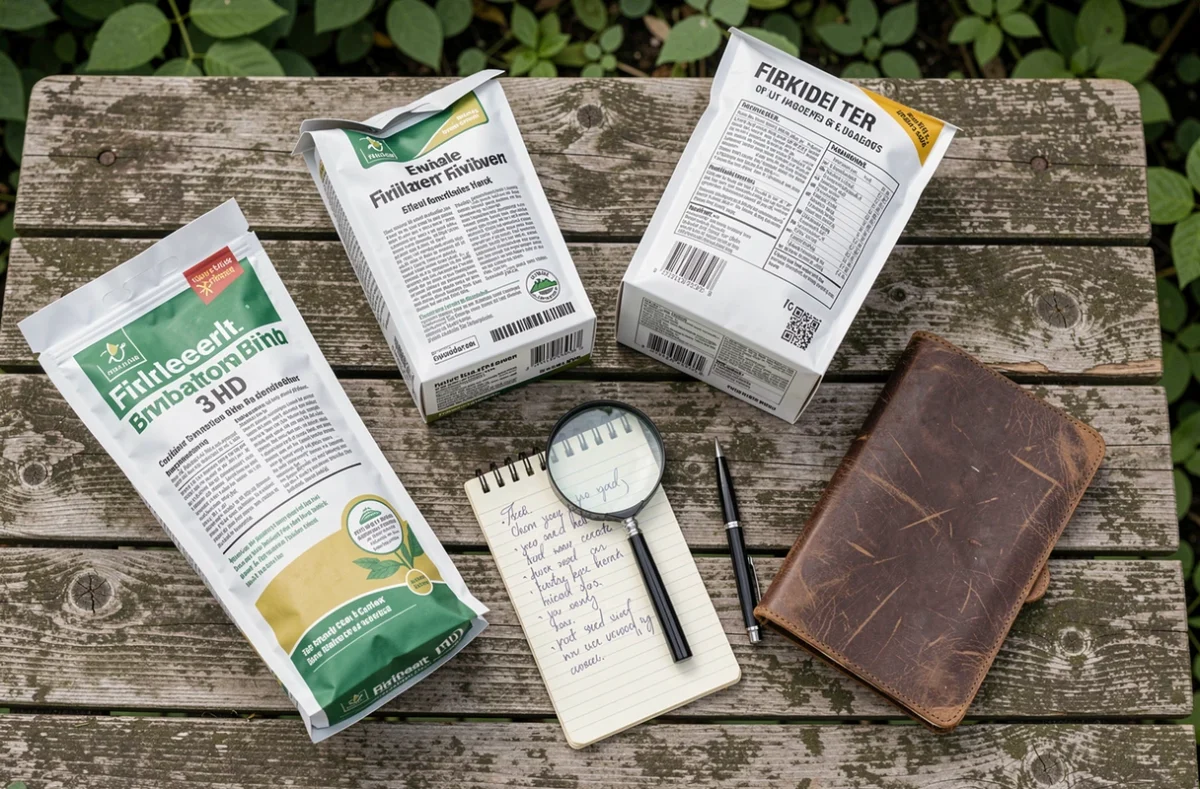 Vue en plongée de plusieurs sacs d'engrais ouverts avec étiquettes visibles, loupe et notes manuscrites sur une table de jardin en bois