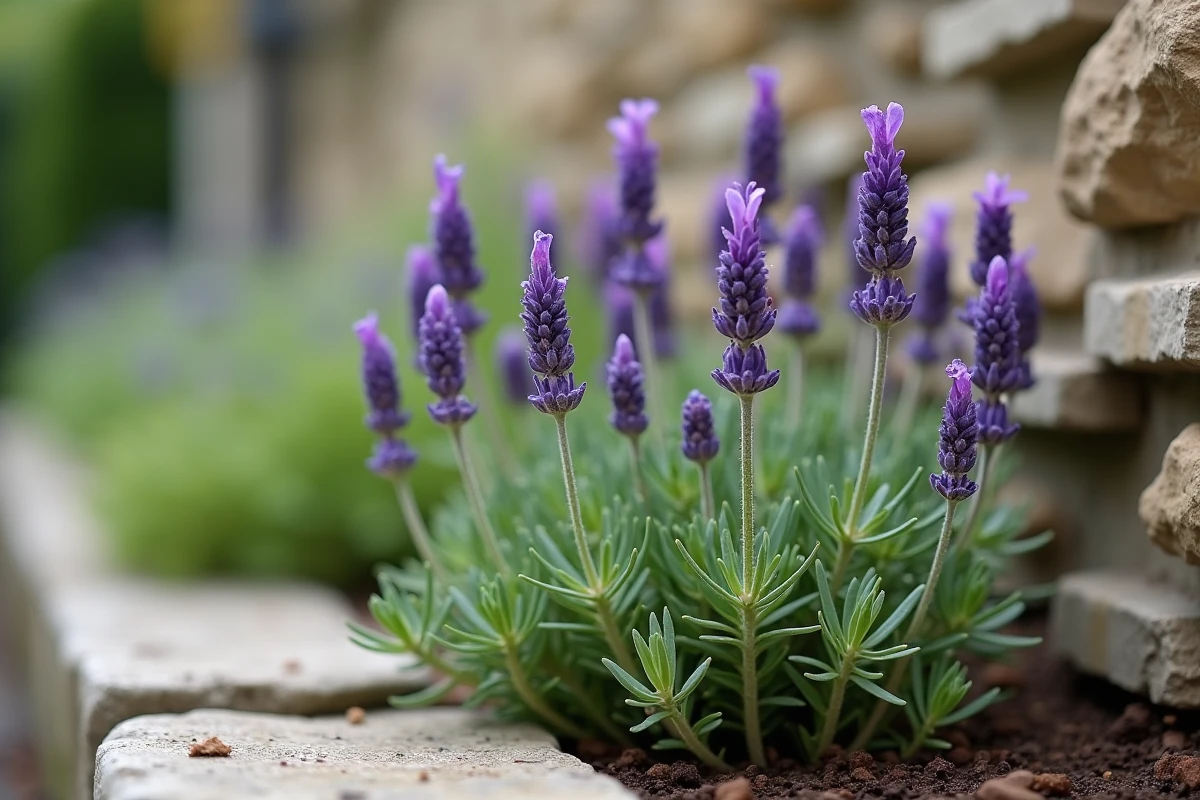 Comparaison entre lavande de jardin cultivée et brunelle sauvage aux fleurs mauves le long d'un muret de jardin rustique en pierre