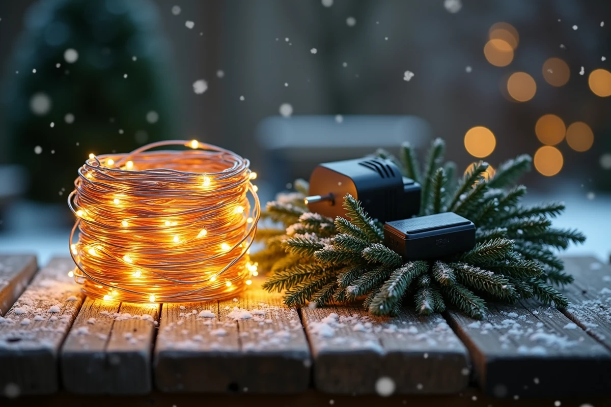 Comparaison guirlande solaire et guirlande électrique pour décoration de Noël extérieure posées sur une table en bois enneigée