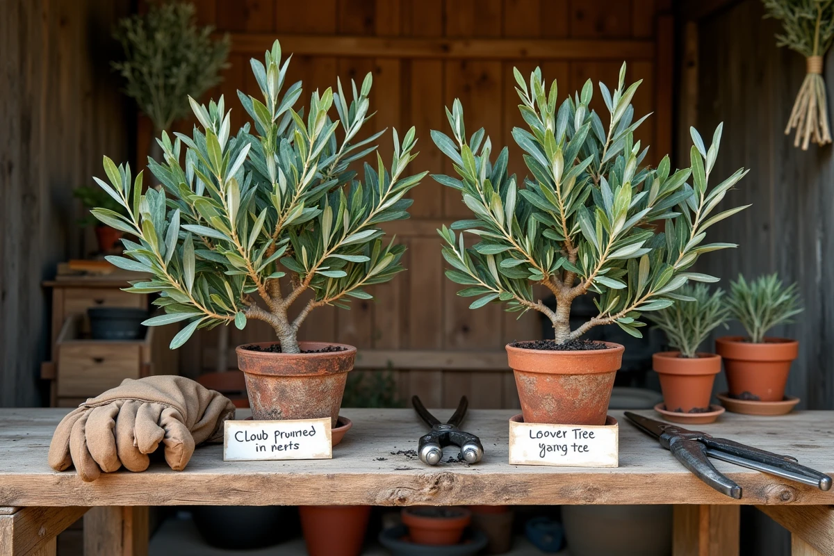 Comparaison de rameaux d'olivier taillés en nuage en pot et en pleine terre sur un établi en bois