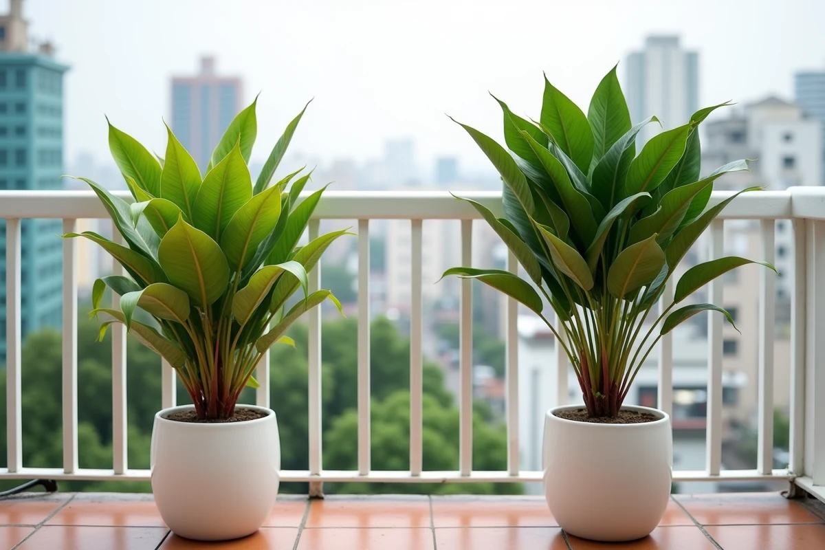 Deux arbres à crevette sur tige en pot blanc sur balcon urbain avant et après taille comparaison