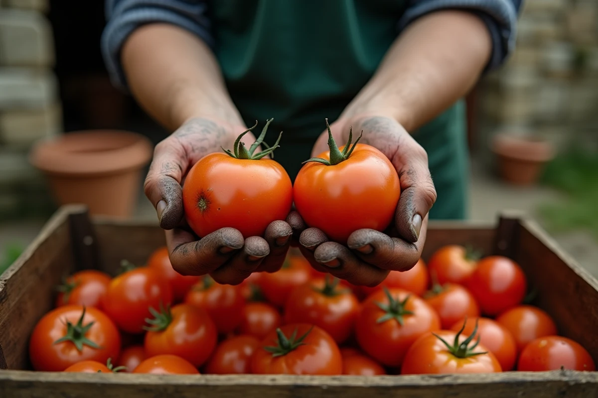 Mains de jardinier comparant une tomate saine et une tomate avec des taches noires au-dessus d'une caisse de récolte