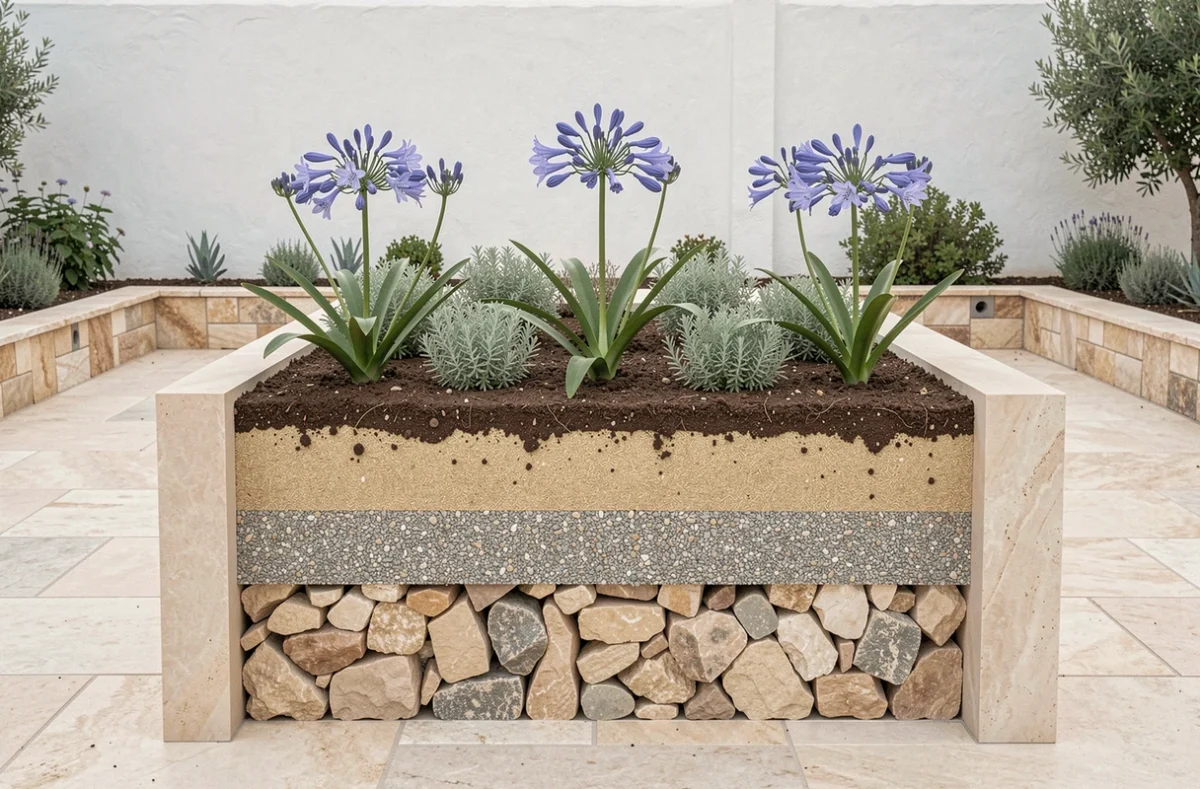 Coupe transversale d'un massif méditerranéen montrant les couches de drainage du sol en jardin urbain